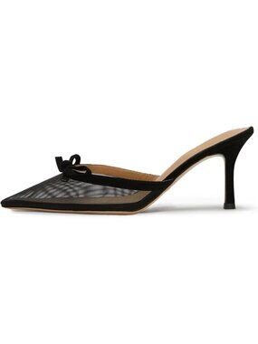 Women's Black Mesh Pointed Toe Slip On Mules Stilettos Sexy Bow Tie Backless